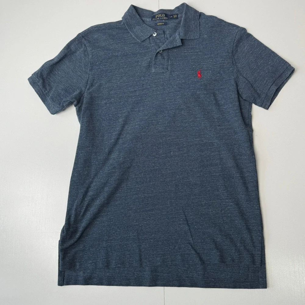 Polo Ralph Lauren Mens Custom Fit Heathered Blue Polo Shirt Red Pony Large‎